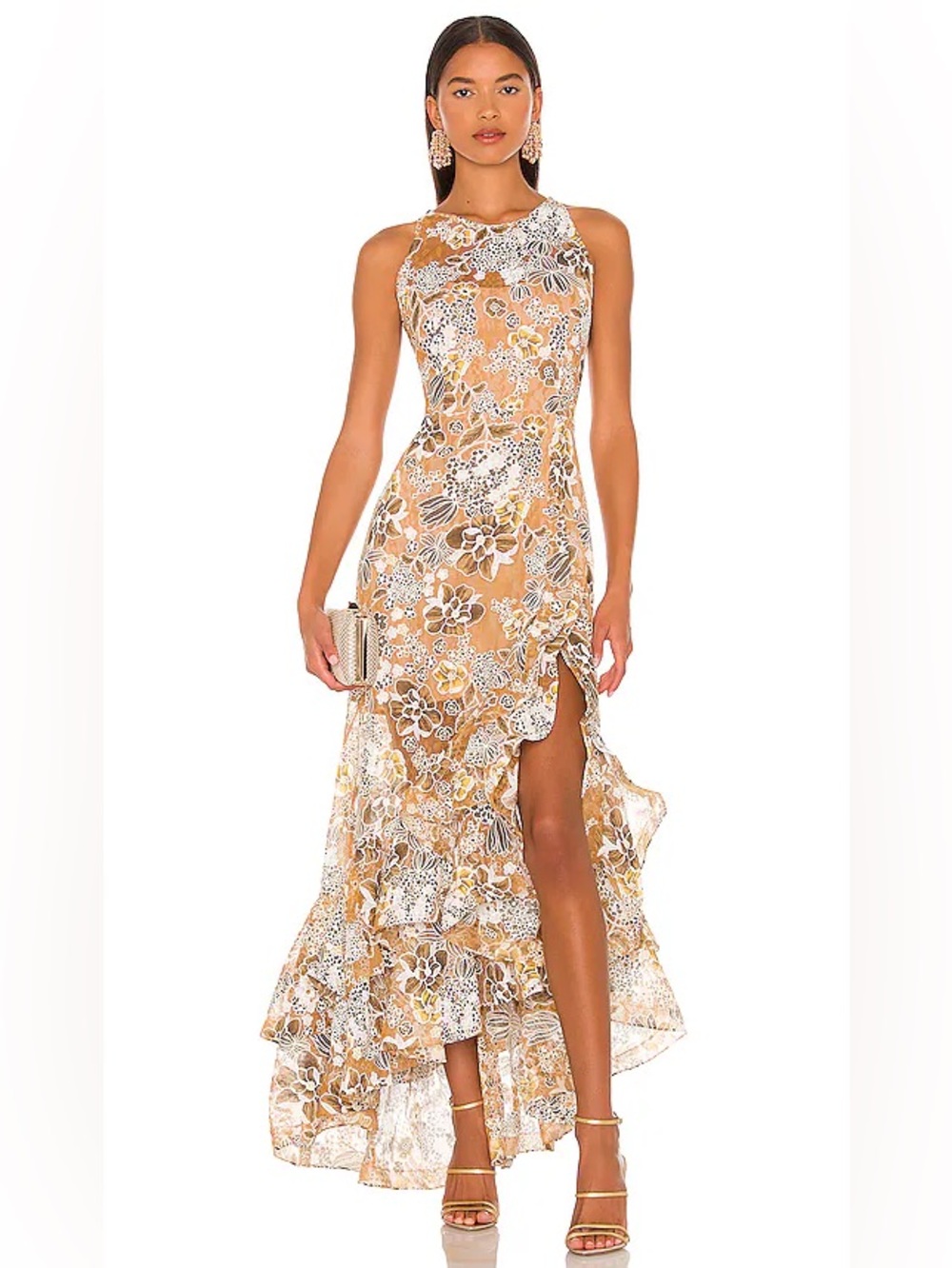 Bronx and Banco Gold and White Floral Slit Maxi Dress